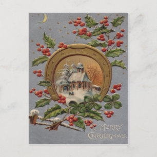 Cartes Pour Fêtes Annuelles Arbre de Noël au houx de l'église Fer à cheval dor