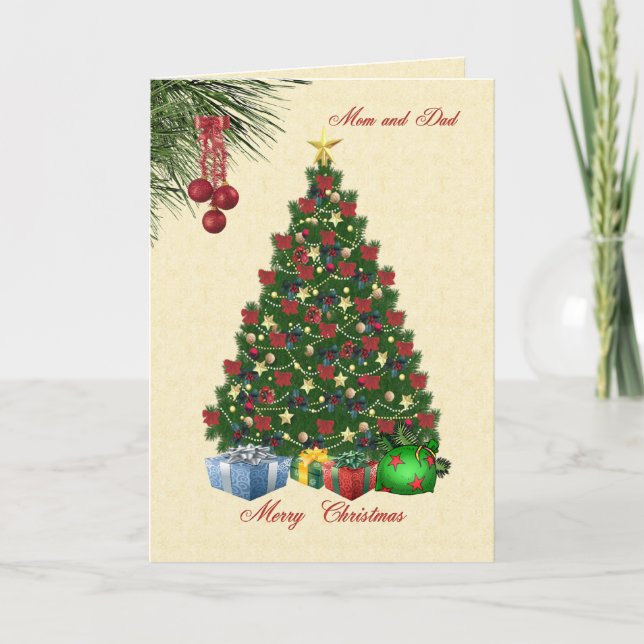 Cartes Pour Fêtes Annuelles Arbre de Noël avec cadeaux pour maman et papa (Devant)