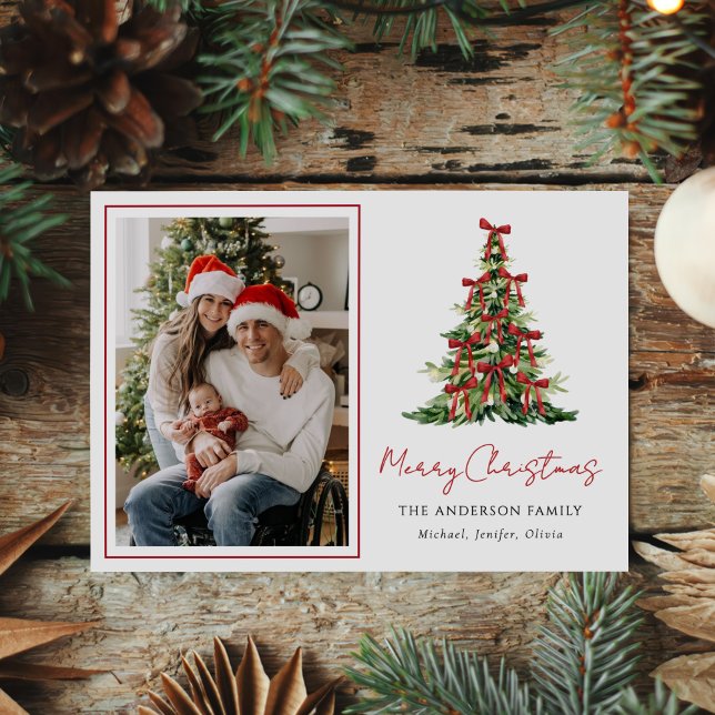 Cartes Pour Fêtes Annuelles Arbre de Noël avec un nœud rouge aquarelle Photo (Créateur téléchargé)