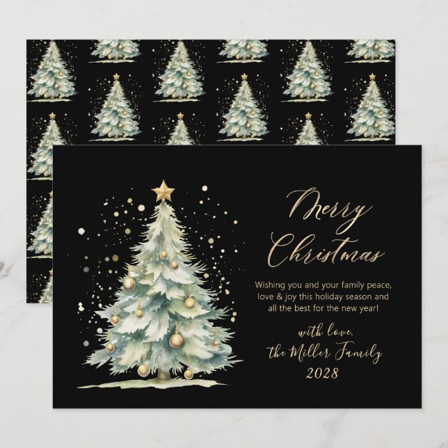 Cartes Pour Fêtes Annuelles Arbre de Noël Black Gold Script (Devant / Derrière)