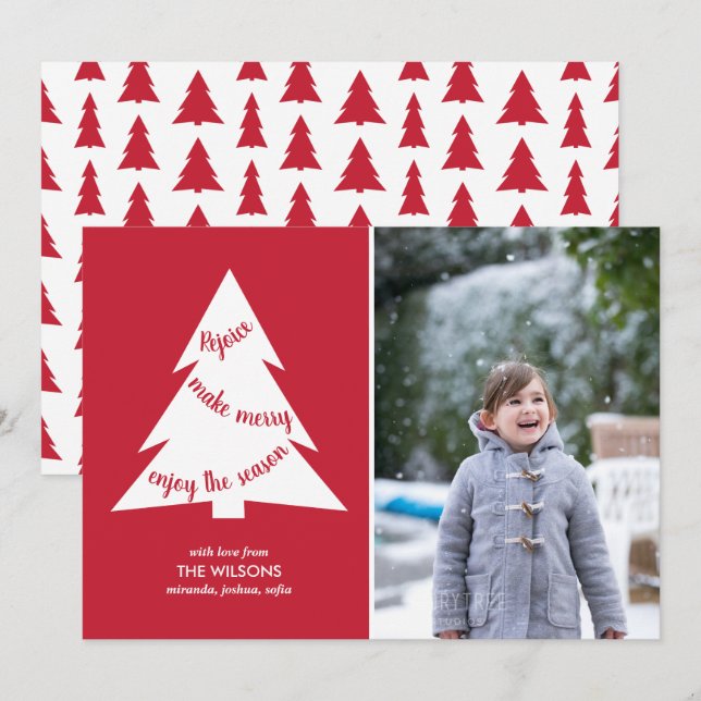 Cartes Pour Fêtes Annuelles Arbre de Noël blanc rouge moderne avec photo perso (Devant / Derrière)
