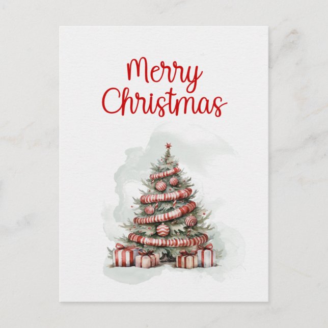 Cartes Pour Fêtes Annuelles Arbre de Noël blanc rouge traditionnel (Devant)