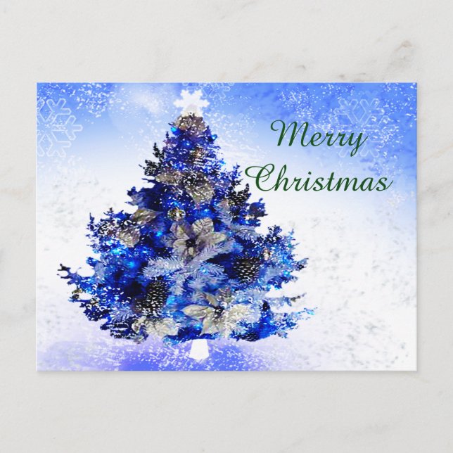 Cartes Pour Fêtes Annuelles Arbre de Noël bleu, fleurs et pins (Devant)