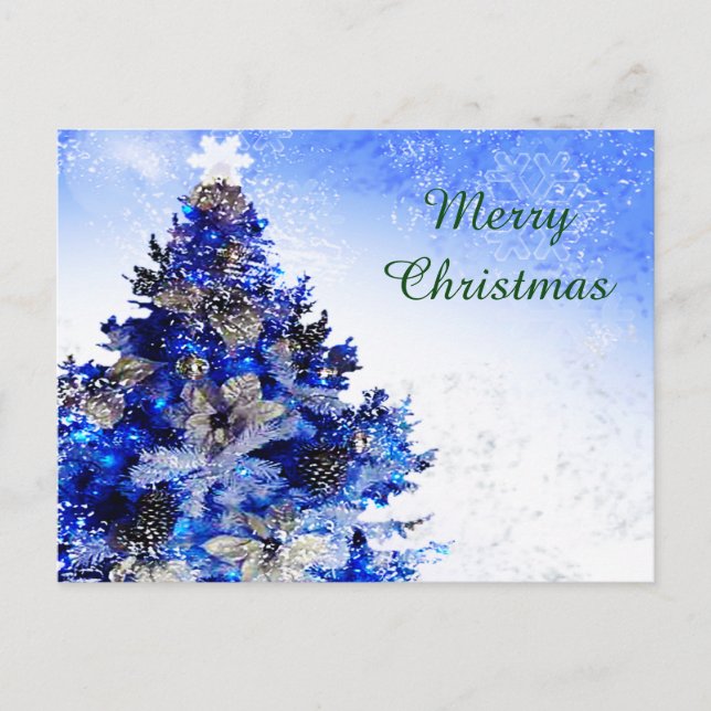 Cartes Pour Fêtes Annuelles Arbre de Noël bleu, fleurs et pins (Devant)