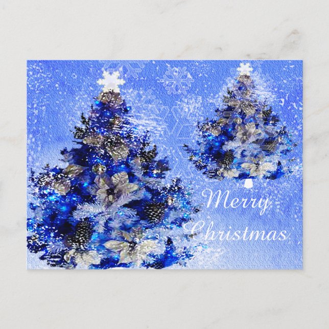 Cartes Pour Fêtes Annuelles Arbre de Noël bleu, fleurs et pins (Devant)