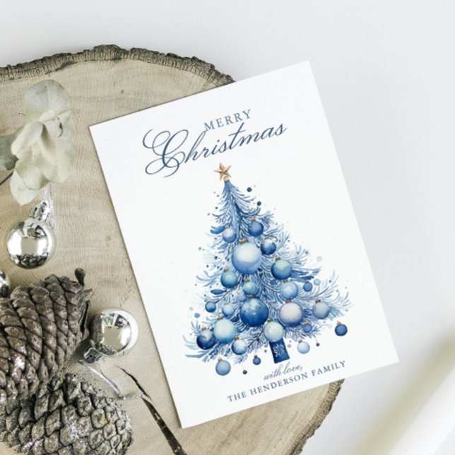 Cartes Pour Fêtes Annuelles Arbre de Noël bleu moderne Aquarelle Nom personnal (Créateur téléchargé)