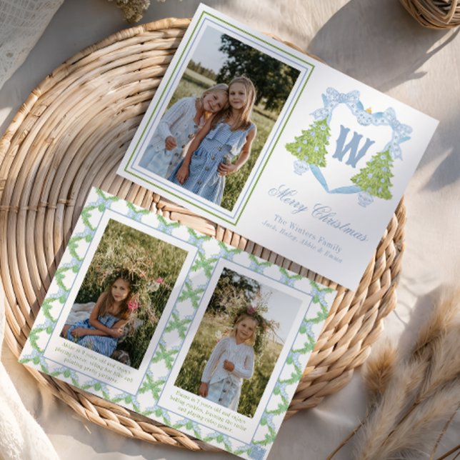 Cartes Pour Fêtes Annuelles Arbre de Noël bleu Monogram Crest Photo (Créateur téléchargé)