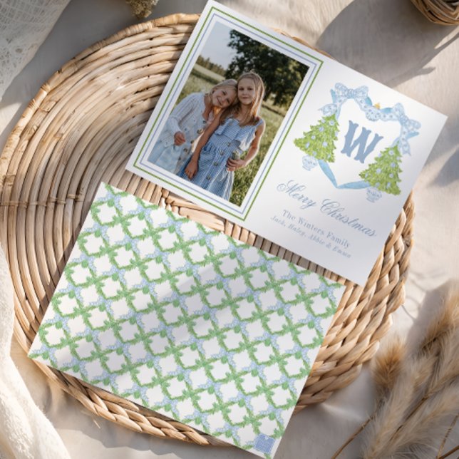 Cartes Pour Fêtes Annuelles Arbre de Noël bleu Monogram Crest Photo (Créateur téléchargé)