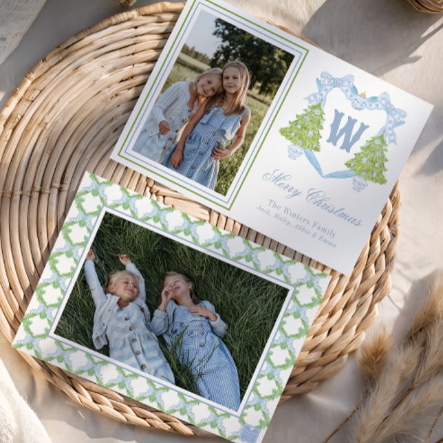 Cartes Pour Fêtes Annuelles Arbre de Noël bleu Monogram Crest Photo (Créateur téléchargé)