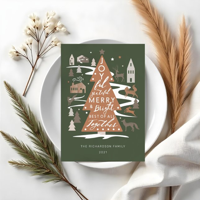 Cartes Pour Fêtes Annuelles Arbre de Noël Bois Animaux & Cosy Village (Simple Joy Woodland Animals & Cozy Village Photo Holiday Card)