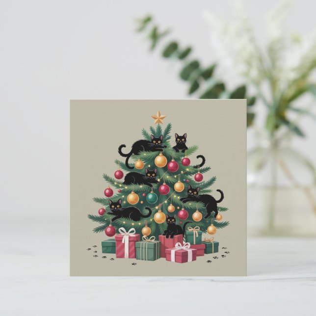Cartes Pour Fêtes Annuelles Arbre de Noël Chats Noirs Amoureux des Chats Lumiè (Debout devant)