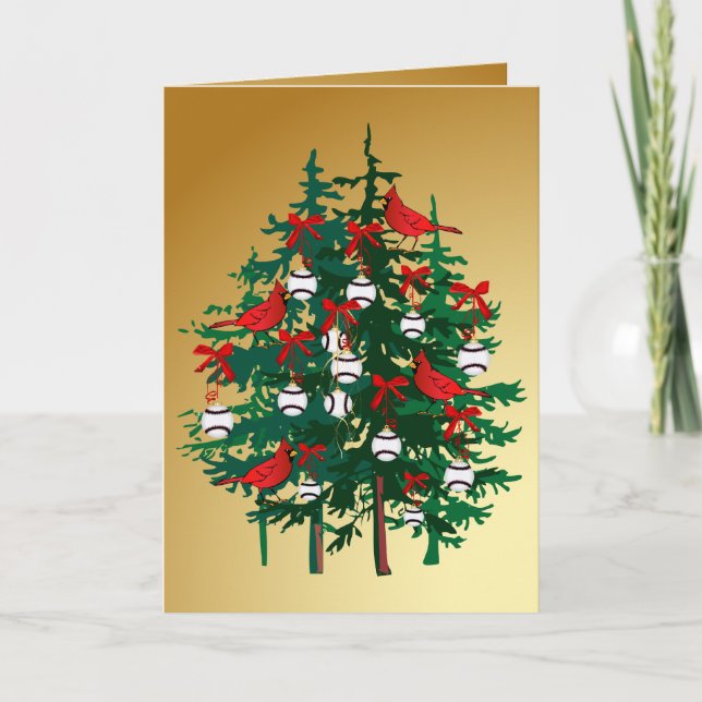 Cartes Pour Fêtes Annuelles Arbre de Noël de baseball aux oiseaux rouges (Devant)