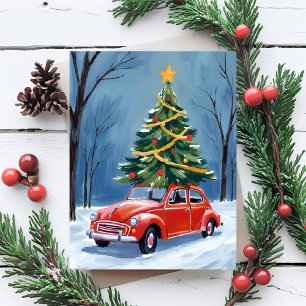 Cartes Pour Fêtes Annuelles Arbre de Noël de la voiture rouge antique