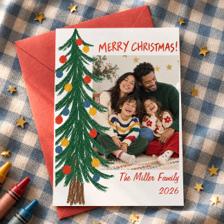 Cartes Pour Fêtes Annuelles Arbre de Noël dessiné à la main Photo de famille F