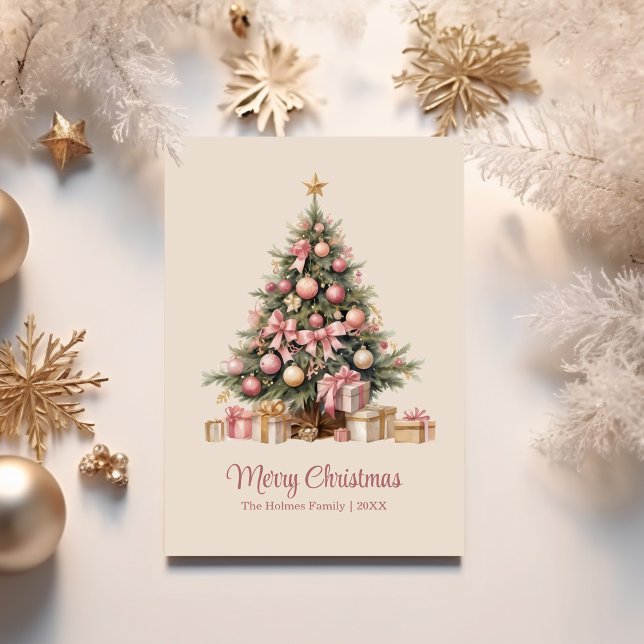 Cartes Pour Fêtes Annuelles Arbre de Noël élégant avec des vaches roses (Elegant Christmas Tree with Pink Bows Holiday Card on a table with white and gold Christmas decor)