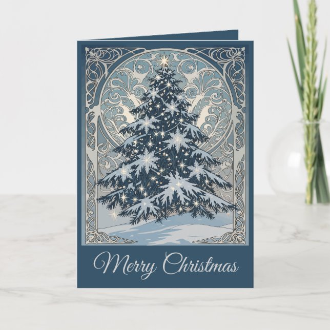 Cartes Pour Fêtes Annuelles Arbre de Noël élégant Flocons de neige et étoiles (Devant)