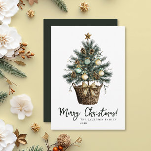 Cartes Pour Fêtes Annuelles Arbre de Noël Elégant Vert et Or Aquarelle