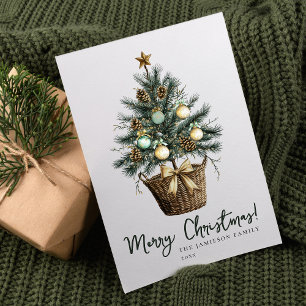Cartes Pour Fêtes Annuelles Arbre de Noël Elégant Vert et Or Aquarelle