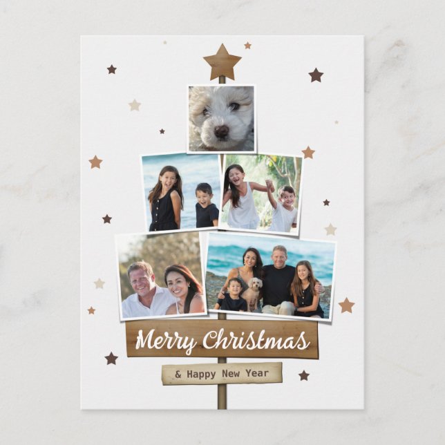 Cartes Pour Fêtes Annuelles Arbre de Noël en bois rustique | 5 Photos Collage (Devant)