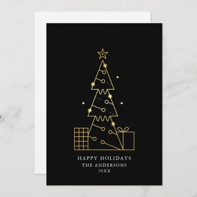 Cartes Pour Fêtes Annuelles Arbre de Noël en or minimal Noir moderne (Devant / Derrière)