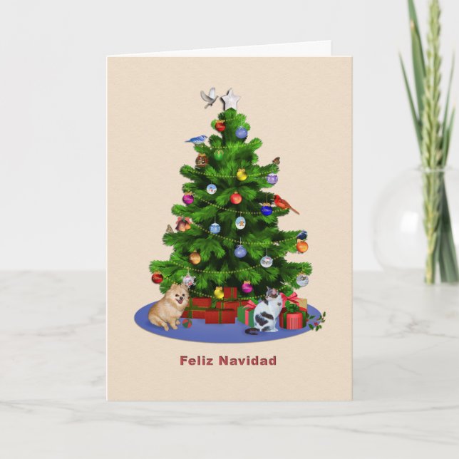 Cartes Pour Fêtes Annuelles Arbre de Noël espagnol et Joyeux, oiseaux, chat, (Devant)