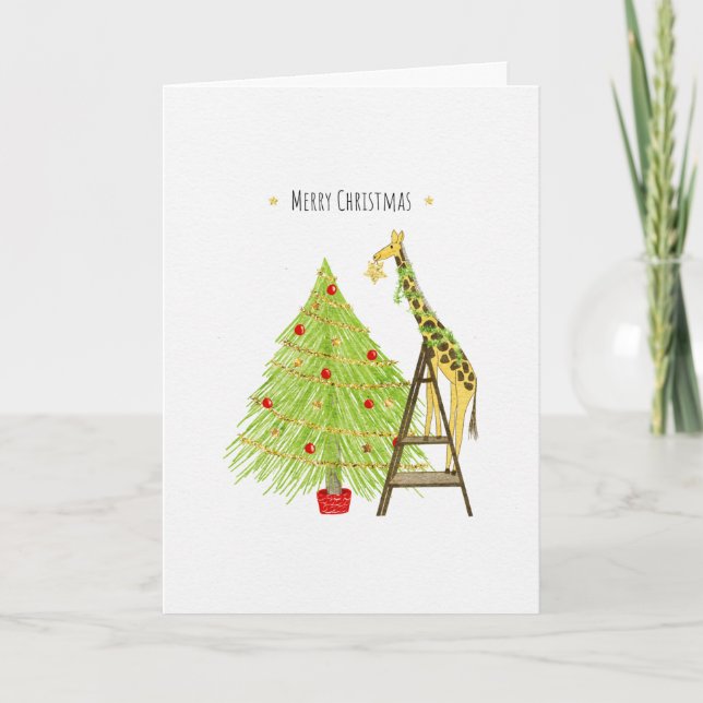 Cartes Pour Fêtes Annuelles Arbre de Noël et girafe sur une échelle (Devant)