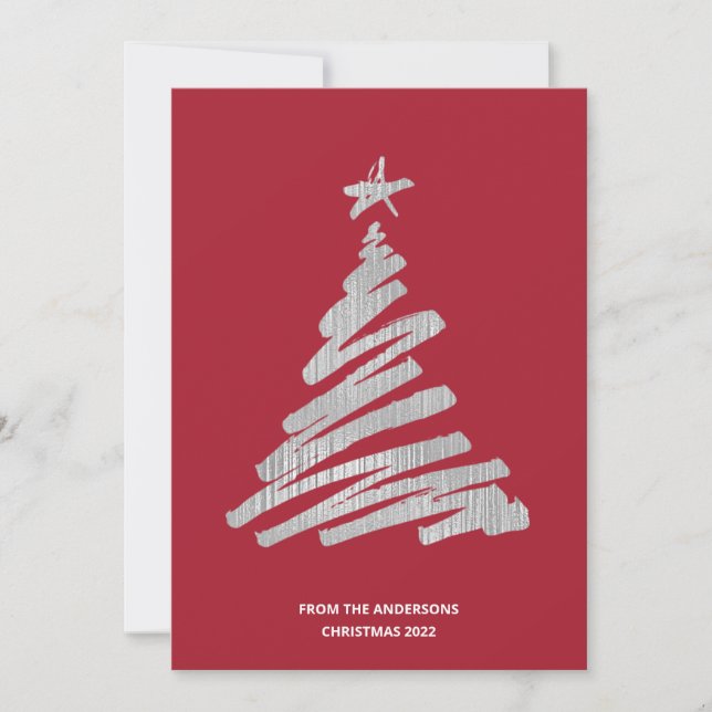 Cartes Pour Fêtes Annuelles Arbre de Noël Faux Silver Foil et Rouge (Devant)