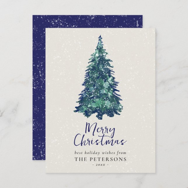Cartes Pour Fêtes Annuelles Arbre de Noël Festif Moderne Snowy Blue (Devant / Derrière)