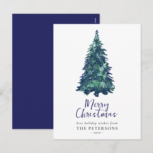 Cartes Pour Fêtes Annuelles Arbre de Noël Festif Moderne Snowy Blue (Devant / Derrière)