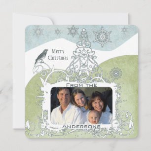 Cartes Pour Fêtes Annuelles Arbre de Noël flocon de neige bleu photo Oiseau mi