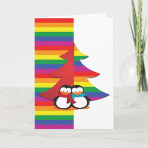 Cartes Pour Fêtes Annuelles Arbre de Noël gay pride avec un couple de pingouin