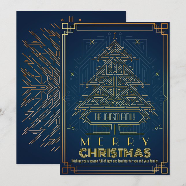Cartes Pour Fêtes Annuelles Arbre de Noël géométrique bleu or moderne (Devant / Derrière)