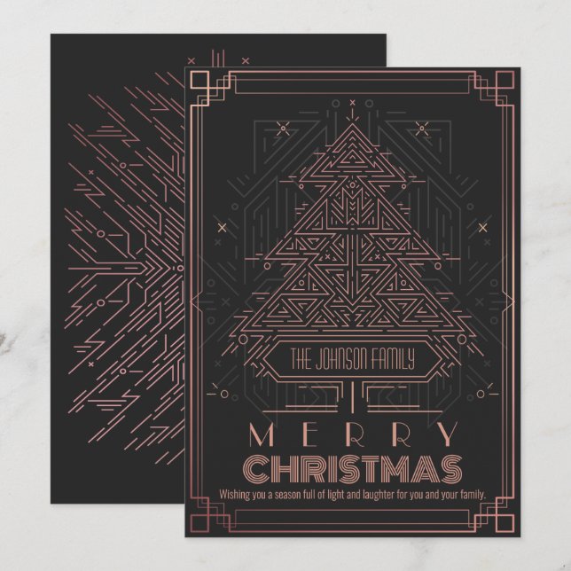 Cartes Pour Fêtes Annuelles Arbre de Noël géométrique moderne classique rose n (Devant / Derrière)