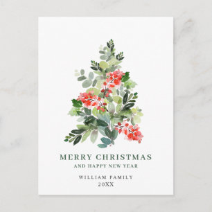 Cartes Pour Fêtes Annuelles Arbre de Noël Holly Berry Salutation Aquarelle