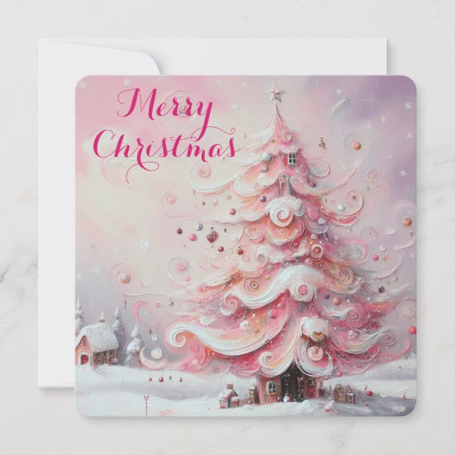 Cartes Pour Fêtes Annuelles Arbre de Noël impressionniste Whimsical rose (Devant)