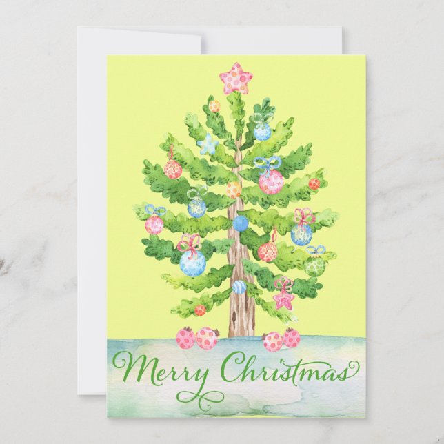 Cartes Pour Fêtes Annuelles Arbre de Noël Joyeux Aquarelle Vert Jaune (Devant)