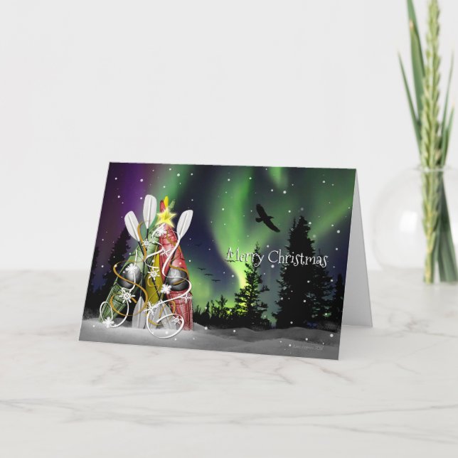 Cartes Pour Fêtes Annuelles Arbre de Noël Kayak Aurora Borealis (Devant)