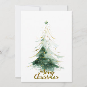 Cartes Pour Fêtes Annuelles Arbre de Noël minimaliste Gold & Green Watercolor
