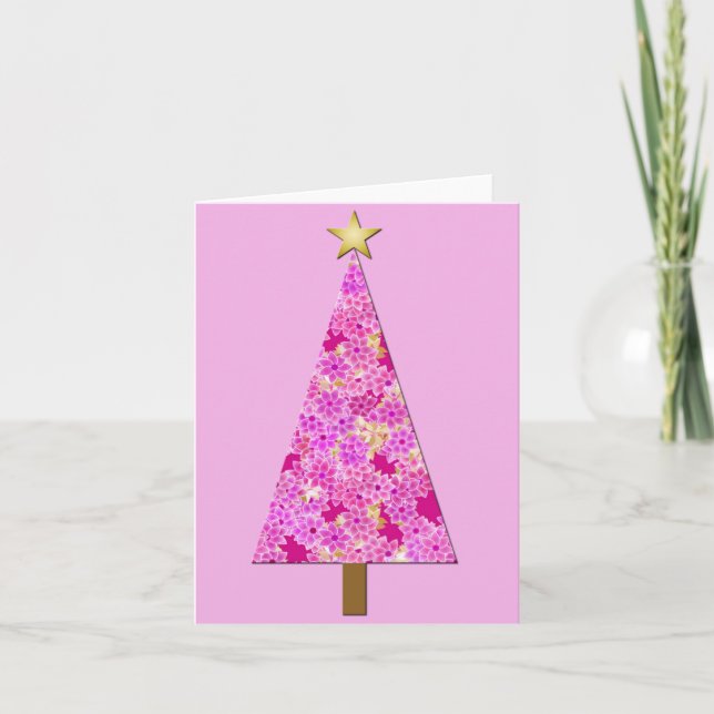 Cartes Pour Fêtes Annuelles Arbre de Noël moderne à fleurs magenta (Devant)