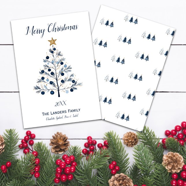 Cartes Pour Fêtes Annuelles Arbre de Noël moderne bleu et or (Modern Blue and Gold Personalized Christmas Tree Holiday Card Front and Back)