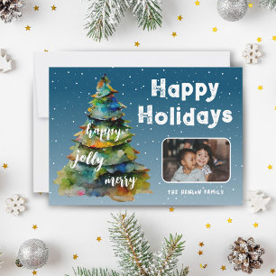 Cartes Pour Fêtes Annuelles Arbre de Noël Neige Aquarelle Photo de Famille