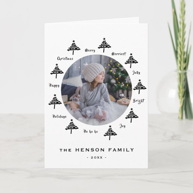 Cartes Pour Fêtes Annuelles Arbre de Noël noir et blanc Merry Family Photo (Devant)
