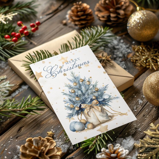 Cartes Pour Fêtes Annuelles Arbre de Noël Or bleu calligraphie aquarelle (Créateur téléchargé)