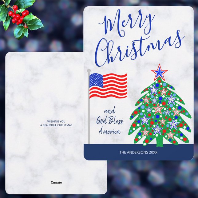 Cartes Pour Fêtes Annuelles Arbre de Noël patriotique Dieu bénisse l'Amérique (It's easy to personalize these patriotic Christmas cards for your holiday greetings)