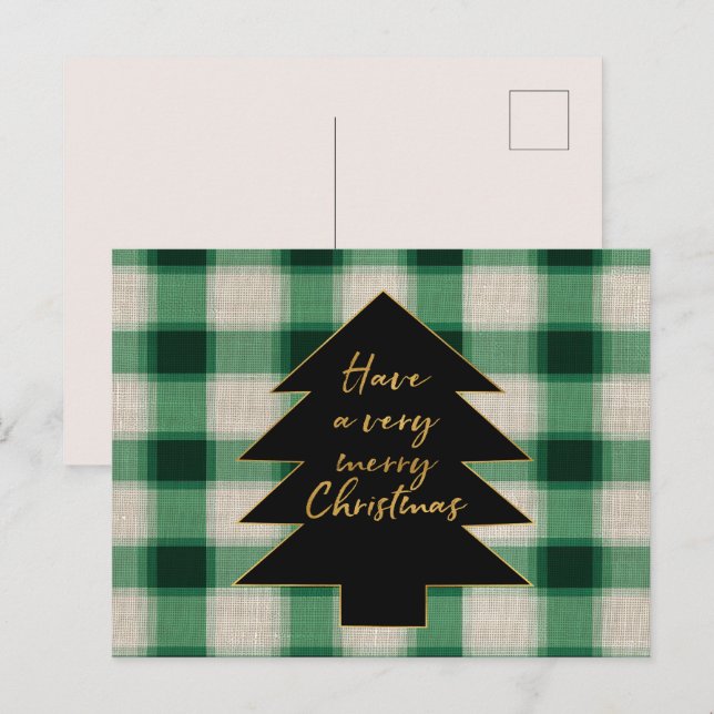 Cartes Pour Fêtes Annuelles Arbre de Noël Plaid à la crème verte (Devant / Derrière)