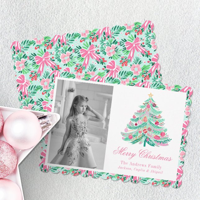 Cartes Pour Fêtes Annuelles Arbre de Noël Preppy Pink & Green Palm Beach (Créateur téléchargé)