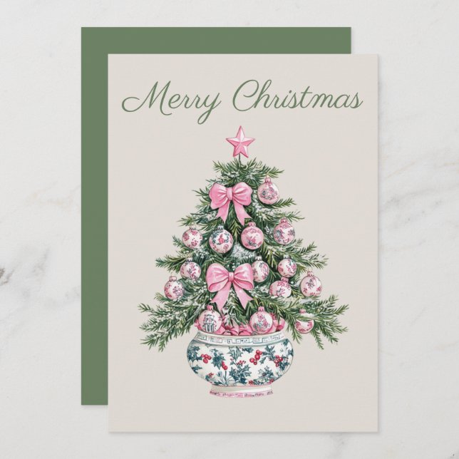 Cartes Pour Fêtes Annuelles Arbre de Noël Preppy Rose et Green Chinoiserie (Devant / Derrière)