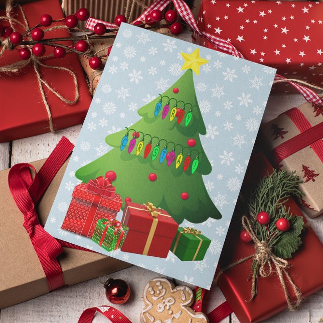 Cartes Pour Fêtes Annuelles Arbre de Noël & Présents Neige d'hiver Votre messa (Christmas Tree & Presents Winter Snow Your Message Holiday Card)