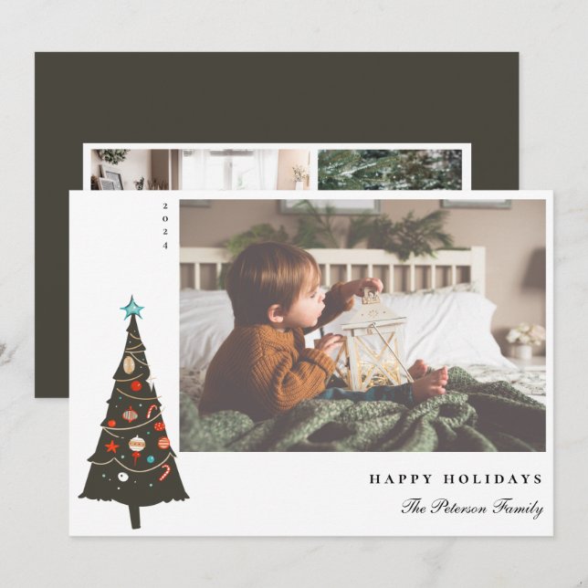 Cartes Pour Fêtes Annuelles Arbre de Noël Retro Illustré Moderne (Devant / Derrière)