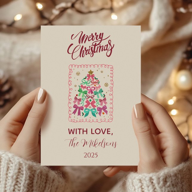 Cartes Pour Fêtes Annuelles Arbre de Noël Rose à Nœud Papillon Coquette (Créateur téléchargé)